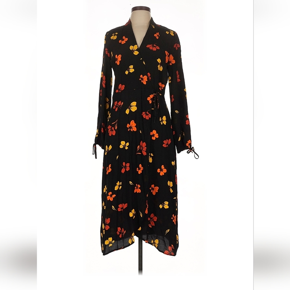 Warehouse Midi  Black Dress with Yellow and Orange Floral